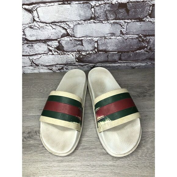 GUCCI Web White Rubber Logo Casual Slides Designer Sandals Men’s Sz 11M US/44EU - Picture 5 of 16